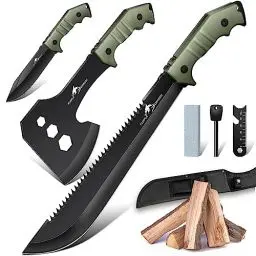 Produktbild: Purple Dragon Großes Messer Outdoor Beil Axt Set mit Scheide, Full Tang Spaltaxt aus einem Stück D2 Stahl gefertigt, Camping Survival zum Sägen von Holz, Jagdmesser Geschenke für Männer