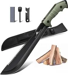 Produktbild: Purple Dragon Großes Outdoor Messer mit Scheide, Full Tang Jagdmesser aus einem Stück D2 Stahl gefertigt, Survival zum Sägen von Holz, Bushcraft Outdoor, Geschenke für Männer