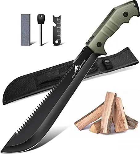 Produktbild: Purple Dragon Großes Outdoor Messer mit Scheide, Full Tang Jagdmesser aus einem Stück D2 Stahl gefertigt, Survival zum Sägen von Holz, Bushcraft Outdoor, Geschenke für Männer