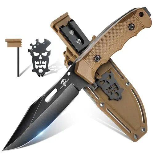 Produktbild: Purple Dragon Khaki Outdoor Messer mit Kydex Scheide, Full Tang Outdoor Messer Feststehend aus einem Stück D2 Stahl, Survival Messer für Bushcraft Camping Geschenke für Männer