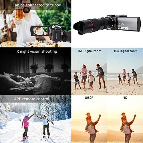 Produktbild: PUSOKEI HDR-AE8 4K HD-Digitalkamera mit 8 Millionen CMOS-Bildsensor und 270-Grad-Drehung 3,0-Zoll-IPS-HD-Touchscreen für eine Klarere Aufzeichnung der Lebensdauer (Standard + Tele-Fernglas)