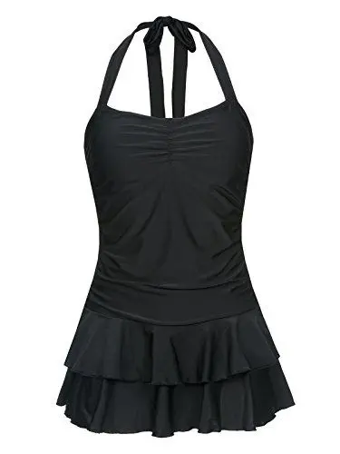 Produktbild: Pussy Deluxe Damen Badeanzug schwarz, toller Materialmix aus Polyester und Elasthan, Schwimmkleid mit Neckholderträgern, Größe:S