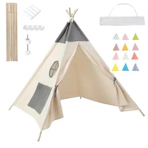 Produktbild: Baketron Tipi Zelt für Kinder,Tippi Kinderzelt,Spielzelt Kinderzimmer Höhle,Spielzeug Indoor Tent Jungen & Mädchen,Polyester und Holzrahmen mit Bunte Fahnen