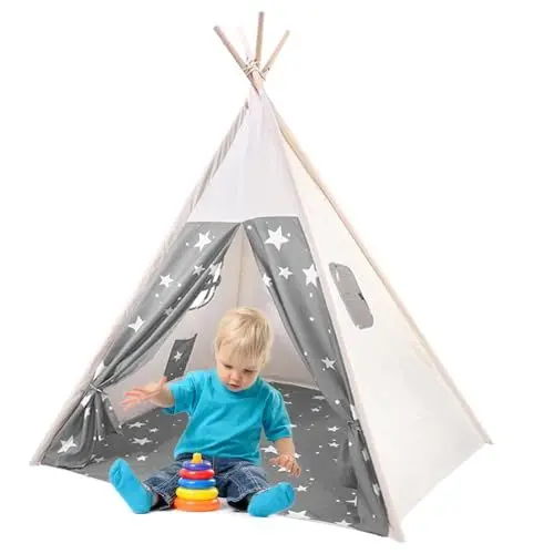 Produktbild: Putentfun Tipi Zelt für Kinder Tippi Kinderzelt Kinderzelt für drinnen,Kindertipi Spielzelt Lesezelt Kuschelecke Kinderzimmer Deko,Tipi Zelt Kinderzimmer mit Fenster(Grau)