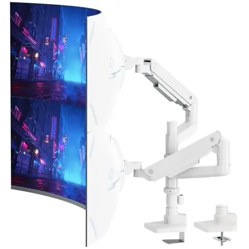 Produktbild: PUTORSEN Monitor Halterung 2 Monitore für 17-49 Zoll Flach & Curved Bildschirm, Gasfeder Dual Monitore Tischhalterung Höhenverstellbar Neigbar Schwenkbar, Gewichtskapazität 2-20 kg pro Arm