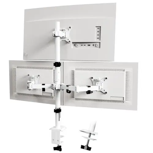 Produktbild: PUTORSEN Monitor Halterung 3 Monitore für 13-32 Zoll Flach & Curved Bildschirm, 80cm Stange Monitor Tischhalterung Schwenkbar Neigbar Höhenverstellbar, 9 kg pro Arm, VESA 75x75/100x100, Weiß