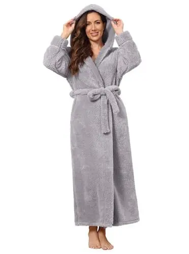 Produktbild: PUTUO Bademantel Damen Flauschig Lang: Winter Morgenmantel Frauen Fleece Warm Mikrofaser Frottee Saunamantel mit Kapuze Bodenlanger Schlafmantel M