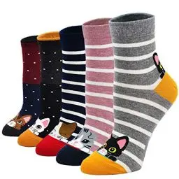 Produktbild: PUTUO Damen Socken aus Baumwolle Lustige Bunte Socken, Frauen Damen Thermal Socken Witzige Socken Karikatur Tier Socken Weihnachtssocken, 5 Paare, EU 37 - 43, Katzenmuster