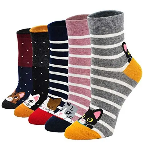 Produktbild: PUTUO Damen Socken aus Baumwolle Lustige Bunte Socken, Frauen Damen Thermal Socken Witzige Socken Karikatur Tier Socken Weihnachtssocken, 5 Paare, EU 37 - 43, Katzenmuster