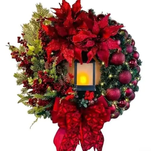 Produktbild: Weihnachtskranz mit Schleifen, 30 cm/40 cm, rote Kugeln und Laterne, Weihnachtskränze zum Aufhängen an Wand, Tür, Flügel für Haustür, Urlaub, Festival, Innen- und Außendekoration (30 cm)