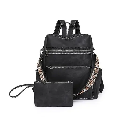 Produktbild: Puwuzixi Frauen Rucksack Wasserdicht Anti-Diebstahl Leichtgewicht PU Mode Reisen Mehrzweck Cabrio Geldbörse Umhängetasche Handtasche Rucksack（Black）