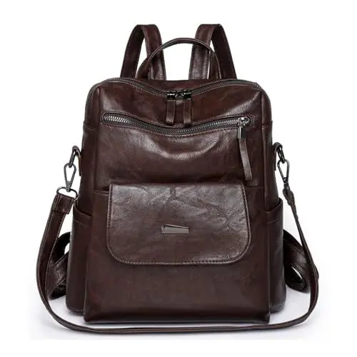 Produktbild: Puwuzixi Frauen Rucksack Wasserdicht Anti-Diebstahl Leichtgewicht PU Mode Reisen Mehrzweck Cabrio Geldbörse Umhängetasche Handtasche Rucksack（Chocolate）