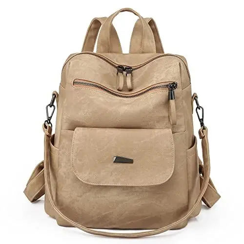 Produktbild: Puwuzixi Frauen Rucksack Wasserdicht Anti-Diebstahl Leichtgewicht PU Mode Reisen Mehrzweck Cabrio Geldbörse Umhängetasche Handtasche Rucksack（Kakhi）