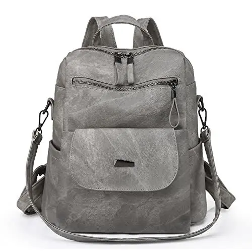 Produktbild: Puwuzixi Frauen Rucksack Wasserdicht Anti-Diebstahl Leichtgewicht PU Mode Reisen Mehrzweck Cabrio Geldbörse Umhängetasche Handtasche Rucksack（Grey）