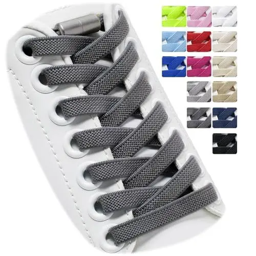 Produktbild: Puzeam 2 Paar Elastische Schnürsenkel, flach, mit Metallkapsel - Schuhbänder ohne binden für Kinder Erwachsene Schuhe, GummiSchürsenkel Dunkelgrau 120