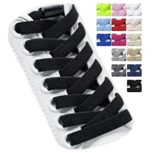 Produktbild: Puzeam 2 Paar Elastische Schnürsenkel, flach, mit Metallkapsel - Schuhbänder ohne binden für Kinder Erwachsene Schuhe, GummiSchürsenkel Schwarz 120