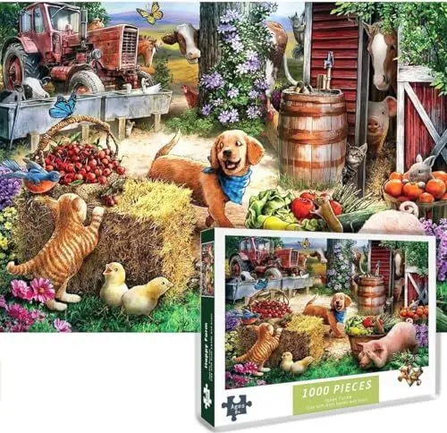 Produktbild: Puzzle 1000 Teile Glücklicher Bauernhof, Kleiner Hund und Bauernhof Tiere der Versteckspiel spielt, kreatives Puzzl, für Erwachsene und Kinder ab 14 Jahren