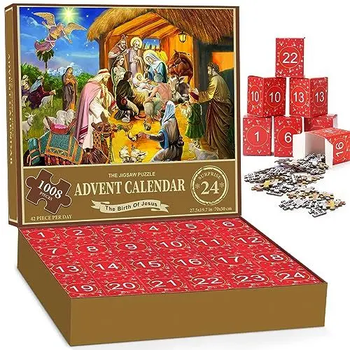 Produktbild: Puzzle Adventskalender 2024 Die Geburt der Christus 24 Teile 1008 Teile Puzzles Countdown bis Weihnachten, Weihnachtsgeschenke für Erwachsene und Kinder, Hausdekoration