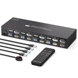 Produktbild: PVBCTCSID HDMI Displayport KVM Switch 4 PC 2 Monitore 4K60Hz KVM Switch 4 Port DP HDMI USB 3.0 Umschalter Gemeinsame Nutzung Von 4 Computer Dual Monitor und 4xUSB3.0-Geräten Mit Infrarot-Fernbedienung