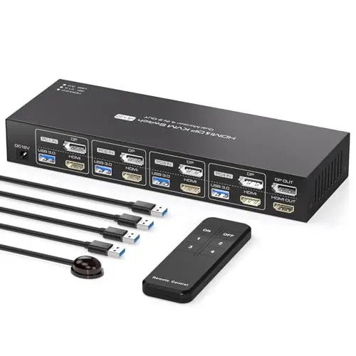 Produktbild: PVBCTCSID HDMI Displayport KVM Switch 4 PC 2 Monitore 4K60Hz KVM Switch 4 Port DP HDMI USB 3.0 Umschalter Gemeinsame Nutzung Von 4 Computer Dual Monitor und 4xUSB3.0-Geräten Mit Infrarot-Fernbedienung