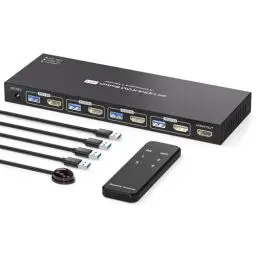 Produktbild: PVBCTCSID KVM Switch 4 PC 1 Monitor HDMI KVM Switch 4 port 4K@60Hz USB 3.0 KVM Umschalter für 4 Computer die sich 1 Monitor und 4 USB3.0-Geräte teilen IR-Fernbedienung und DC12V-Netzteil enthalten