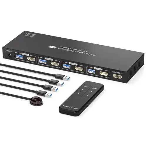 Produktbild: PVBCTCSID KVM Switch 4 PC 1 Monitor HDMI KVM Switch 4 port 4K@60Hz USB 3.0 KVM Umschalter für 4 Computer die sich 1 Monitor und 4 USB3.0-Geräte teilen IR-Fernbedienung und DC12V-Netzteil enthalten