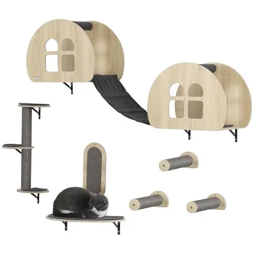Produktbild: PwaHut Kletterwand Katzen 7-teilig Katzen Kletterwand Set mit Sisalpfostenleiter, Plattform, Kratzbaum mit Kratzbrett, Höhle, Katzenmöbel für Katzen bis zu 5 kg, Grau+Eiche