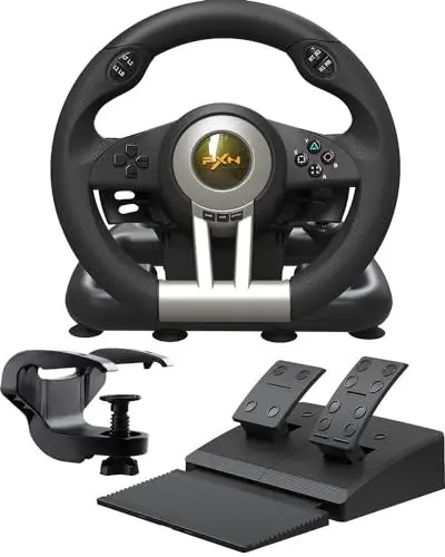 Produktbild: PXN V3 Pro Gaming Lenkrad mit Pedalen - 180°, Vibrationsfeedback, Integrierter Schalthebel, Paddle Schaltung - Lenkrad für PC, PS4, PS3, Xbox und N Switch - Schwarz