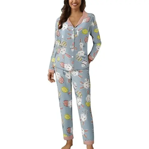 Produktbild: Pyjama Damen, Schlafanzug Damen lang kuschelig, floral pj Romper, kuschelhose, Couple Pyjama Set, Pyjamahose flauschig, pjama, Schlafanzug Set, kuschelhose, Nachthemd mit Knopfleiste, Pijama, Pijamas