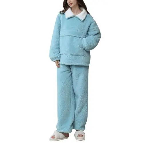 Produktbild: Pyjama Damen Schlafanzug Lang Winter Hausanzug Kuschelig Fleece Loungewear Plüsch Pyjama Set Nachtwäsche Thermo Flauschig Freizeitanzug Loungewear Schlafanzug Schöne Legere Nachthemd Türkis XL