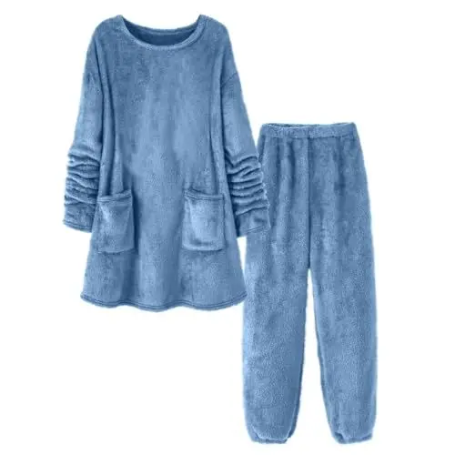 Produktbild: Pyjama Damen Winter Flauschig Schlafanzug Damen Teddy Fleece Warm Hausanzug Damen Kuschelig Elegant 2-Teilig Warmer Loungewear Frauen Set Plüsch Kuschel Zweiteiler Schlafanzüge