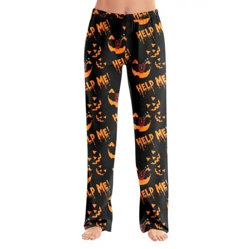 Produktbild: Pyjama Hose Damen Halloween Lang Gruselig Schlafanzug Damen Gothic Herbst Engel Lounge Hose Hexenkostüm Flanell Horror Schlafhose Cartoon Winter azafrán M