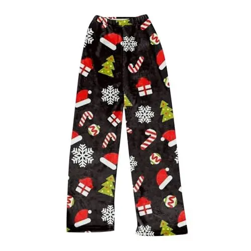 Produktbild: Pyjama Hose Schlafanzug Damen Pyjamas Hosen Lang Flanell Pyjama Damen Schlafhose Weich Weihnachten Pyjamas Bequeme Schlafanzughose Frauen Weihnachtsmann Home Schwarz XXL