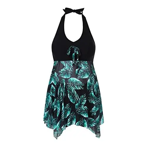 Produktbild: Pyjama Set Damen Umstands-Tankini-Badeanzug für Damen, tropisches Neckholder-Badekleid, Boyshorts, Badeanzug-Badebekleidungs-Set Meditation Geschenk (Green,