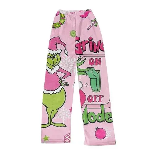 Produktbild: Pyjamahose Herren lang Damen Schlafanzughose Hosen Lang Flanell Pyjama Hose Damen Schlafhose Weich Weihnachten Pyjamas Weihnachtsmann Bequeme Warme Pyjamahose Lounge Hose Rosa XS