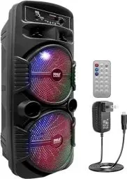 Produktbild: Pyle Bluetooth Lautsprecher - PA Anlage, Karaoke Maschine, Musikbox Groß, Partybox, Dual 8” Subwoofer, Tragbare Musikboxen 600W mit wiederaufladbaren Akku & Party Lichtern, USB/3.5mm AUX/Mic, FM Radio