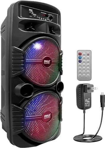 Produktbild: Pyle Bluetooth Lautsprecher - PA Anlage, Karaoke Maschine, Musikbox Groß, Partybox, Dual 8” Subwoofer, Tragbare Musikboxen 600W mit wiederaufladbaren Akku & Party Lichtern, USB/3.5mm AUX/Mic, FM Radio