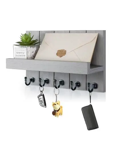 Produktbild: PYYB Wand Schlüsselhalter aus Holz mit Tablett Wand-Schlüsselhaken mit 5 Haken Dekorativer Schlüsselhalter für Flur, Wohnzimmer, Schlafzimmer Haken-Organizer für die Küche