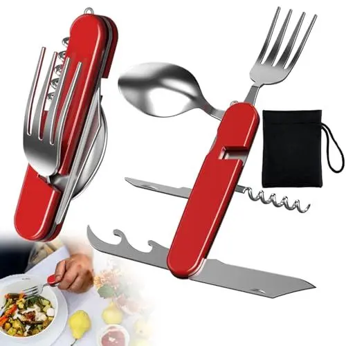 Produktbild: Qaestuan Outdoor Besteck Edelstahl 6 in 1 Klappbesteck Camping Besteck Set als Flaschenöffner Messer Gabel löffel, Campingbesteck mit Kordelzugbeutel, für Wandern Reise Picknick Campen Festival, Rot