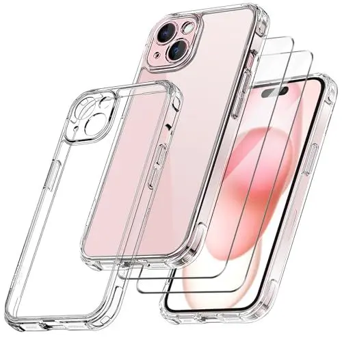 Produktbild: Qasyfanc Handyhülle Kompatibel mit iPhone 15, Hülle mit Kameraschutz und 2 Stück Schutzfolie, Hard PC Nie Vergilbung Case Transparent Militärschutz Kratzfest Fallschutz Schutzhülle, Klar