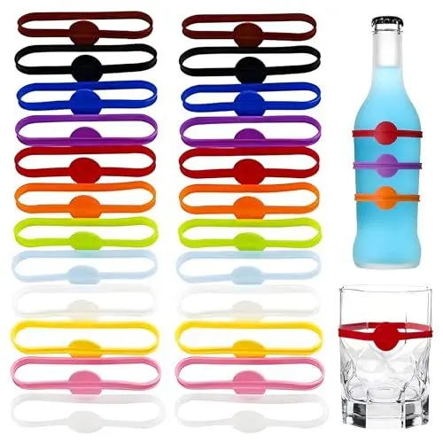 Produktbild: Qaziuy 24 Stück Glasmarkierer Silikon,Getränkemarker Glas Markierung Trinkglas Bunte Weinglas Marker Wiederverwendbare Glas Marker für Bar Party Cocktail, Champagner, Getränke