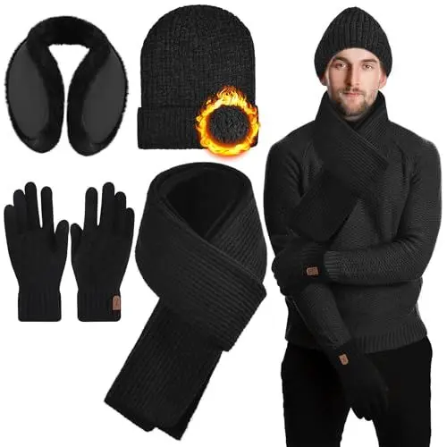 Produktbild: QBilooty Mütze, Schal, Handschuh & Thermo-Ohrenschützer im 4er-Set,Winter Mütze Schal Handschuhe Ohrenschützer Set für Herren, Damen, Jungen und Mädchen Schwarze