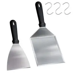 Produktbild: Qcdou 2 Stücke Grillspachtel Set, Edelstahl Plancha Spachtel mit S-Haken/Großem Grillspatel, Spatel-Set, für Smash Burger/Gasgrill/Feuerplatte/Teppanyaki, Grill Geschenke - Spülmaschinenfest(A)