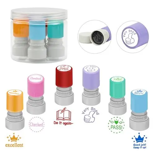 Produktbild: Qcdou 6 Stück Selbstfärbende Lehrer Stempel, Lob Ermutigung Kinder Stempel, Lehrerstempel Englisch, Motivationsstempel, Bunte Cartoon Stempel, Schule/Familien/Kindergarten Bildung Lehrhilfen(B)