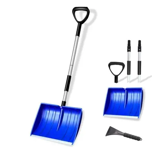 Produktbild: Qcdou Große Schneeschaufel, 41cm breit mit ergonomischem Aluminium-Stiel und D-Griff, Winter Schneeschieber, Schneeräumer, Aluminiumkante Schneeschippe, Spaten im Winter perfekt(Blau