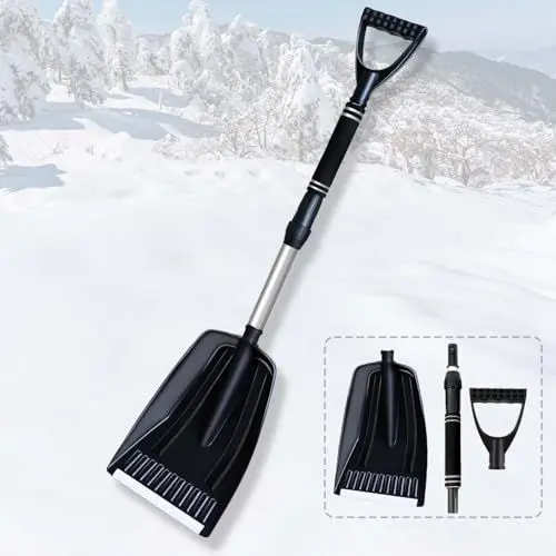 Produktbild: Qcdou Schneeschaufel, Winter Schneeschieber, Schneeschaufel mit ergonomischem Griff, Tragbare schwarz Schneeräumer, Aluminiumkante Schneeschippe, Aluminium-Stiel, All-in-One Spaten im Winter perfekt