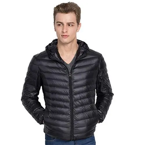 Produktbild: QCHENG Herren Ultraleichte Daunenjacke mit Kapuze Leicht Verpackbar Herbst Winter Warme Jacket Steppjacke Daunenmantel Schwarz Medium
