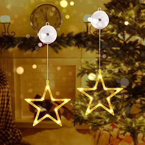 Produktbild: Qedertek LED Sterne Weihnachtsbeleuchtung, 10 LED Lichtervorhang Warmweiß Batteriebetriebene mit Saugnäpfe, Timer, Fenster Lichterkette Innen für Weihnachten Deko, Balkon, Party, Hochzeit (2 Stück)