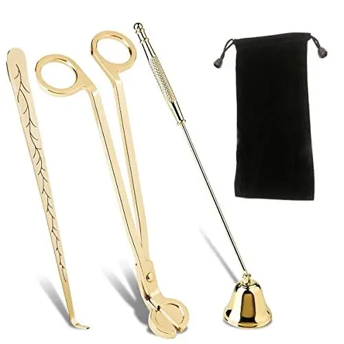 Produktbild: QeeHeng 3PCS Edelstahl Kerze Abdeckung Werkzeuge, Kerze Snuffer, Wick Trimmer und Wick Dipper, Kerze Pflege Werkzeuge Set (Gold)