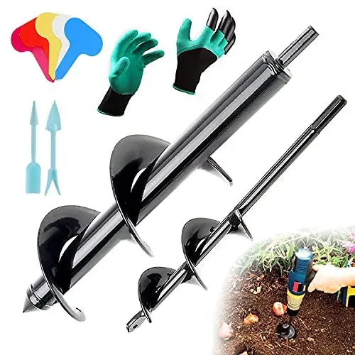 Produktbild: QeeHeng Erdlochbohrer,, 2 Pack Garten Schnecken Spiralbohrer, 8(D) x30(L) cm & 4(D) x22(L) cm Erdbohrer für Bohrmaschine, Förderschnecke Erdbohrer Hand Spiralbohrer Garten